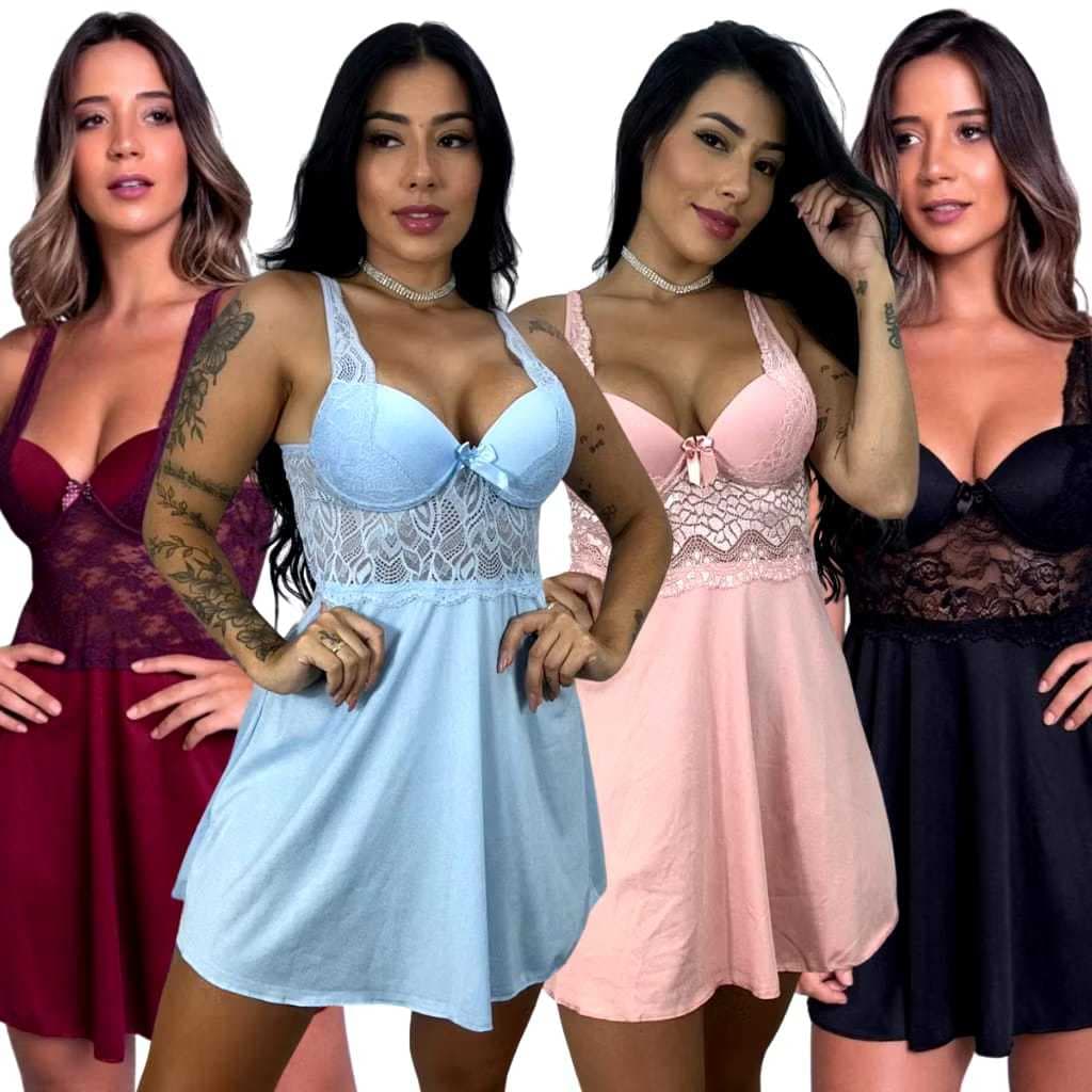 Kit 4 Camisola Com Bojo Feminina Alça Renda Dormir Moda Intima Pijama Vestido