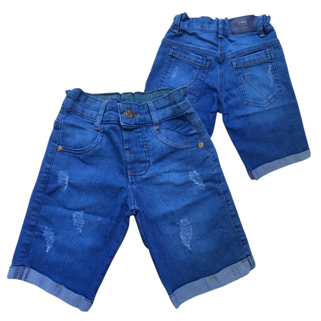 Bermuda Jeans Infantil Menino com Lycra,  Short Rasgado Puído Masculino
