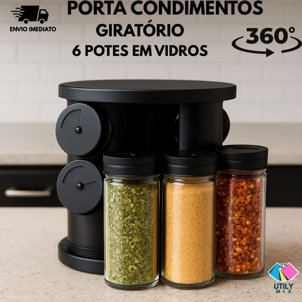 Porta Tempero e Porta Condimentos Giratório 6 Potes Em Vidro Para Cozinha