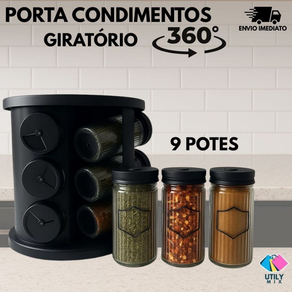 Porta Tempero e Porta Condimentos Giratório 9 Potes Em Vidro Para Cozinha