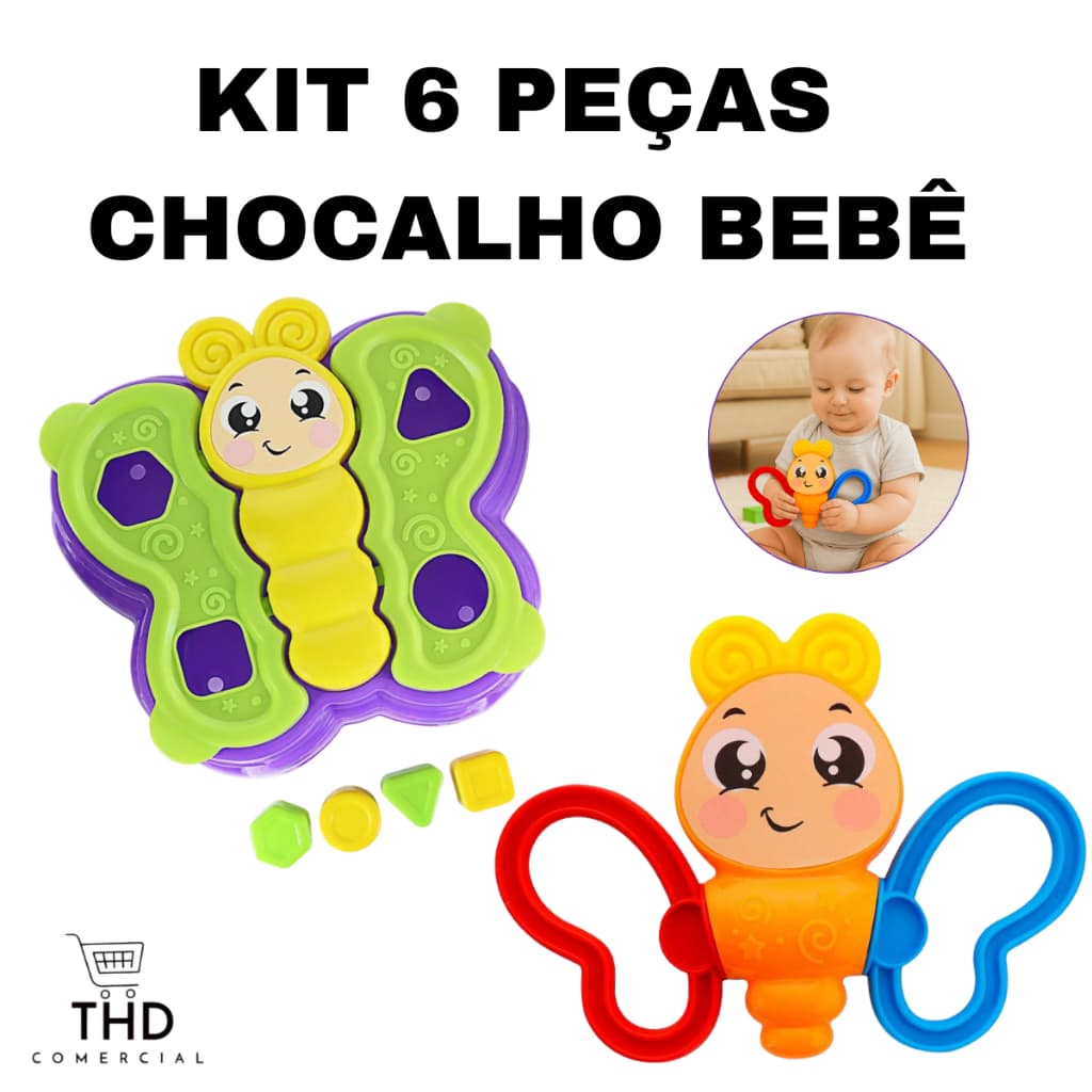 Kit 6 Peças Para Bebe Macio Chocalho Montagem Abre e Fecha Brinquedo Infantil Crek Crek