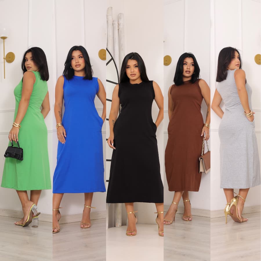 Vestido Midi Feminino Liso Sem Manga Fenda Lateral e Bolso Embutido Moda Elegante Casual Dia a Dia Inspiração Tendencia