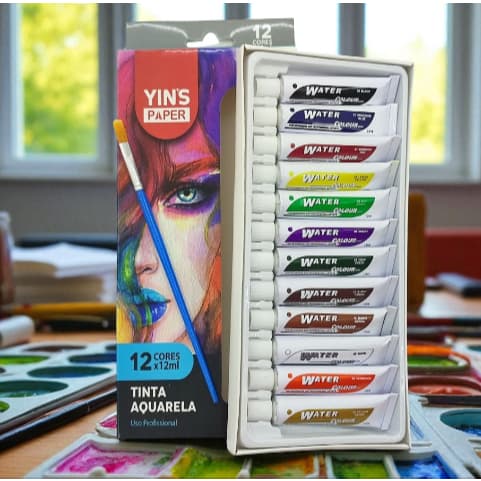 Tinta Aquarela 12 Cores Bisnaga 12ml Desenho,Iniciante,profissionale estudante superfície com pincel