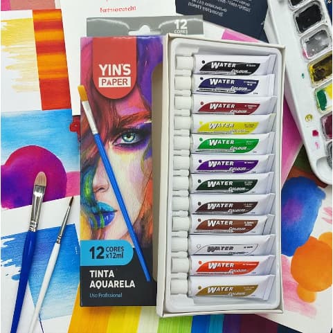 Kit 12 Cores Tinta Aquarela em Bisnaga 12ml – Ideal para Estudantes e Profissionais, Superfícies Diversas + Pincel"