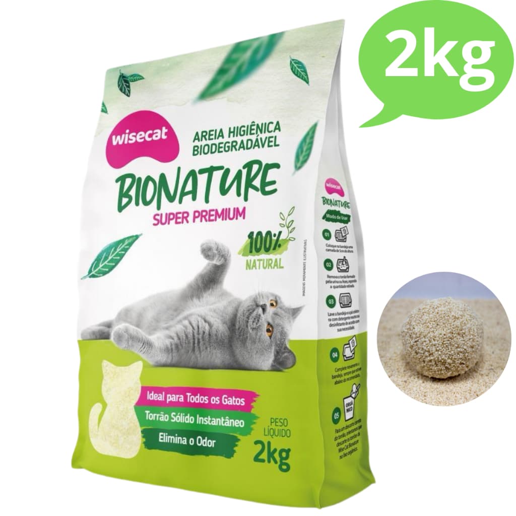 Areia Sanitária Higiênica para Gatos Mandioca Premium Natural Biodegradável Wisecat 2KG