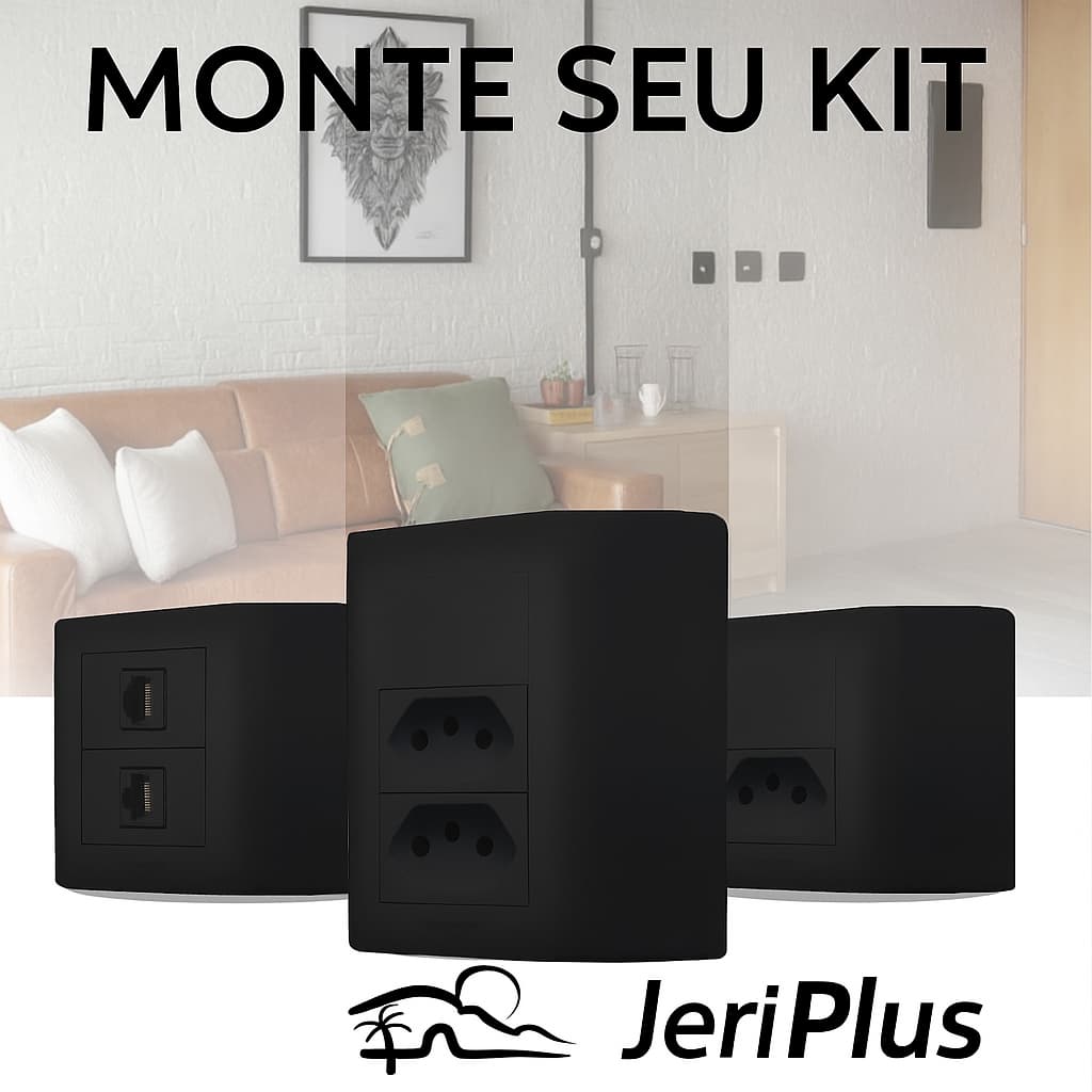 Conjunto Tomada e Interruptor Romazi Jeri Plus Preto - Sobrepor