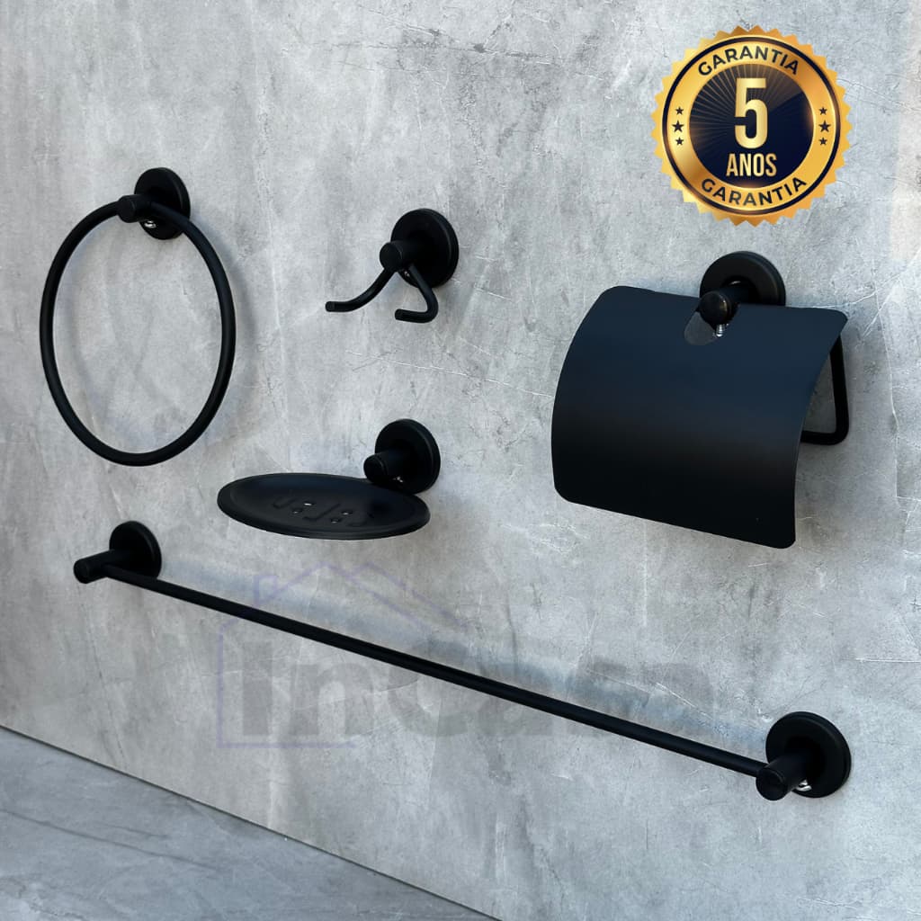 Kit Banheiro 5 Peças Preto Fosco De Metal Porta Toalha Reto + Porta Toalha Rosto + Papeleira Inox + Saboneteira + Cabide