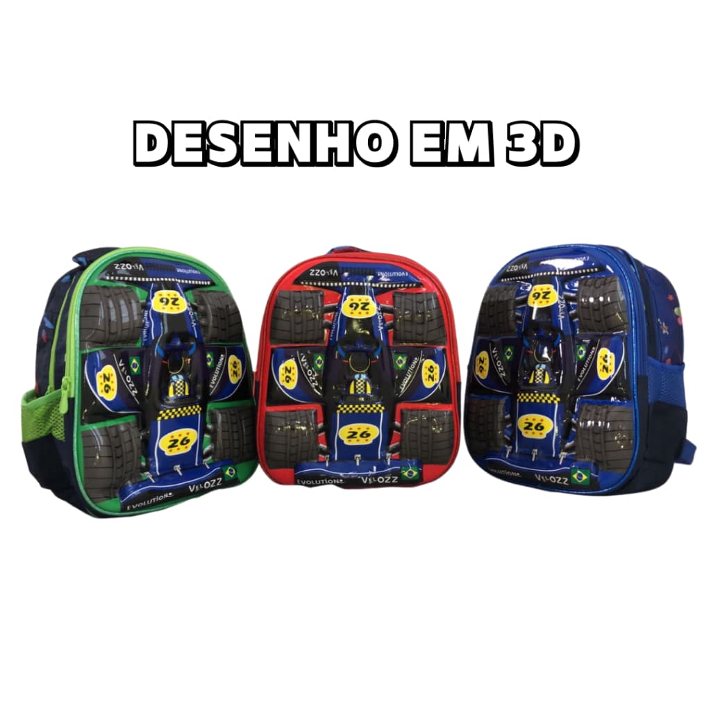 Mochila Escolar Infantil 3D Carro de Fórmula 1 – Reforçada e Impermeável