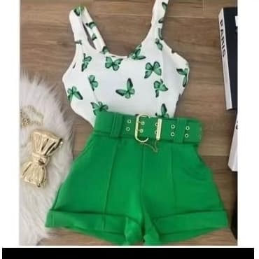 Conjunto Short Neoprene com Cinto e Cropped de Borboleta Social com Alça
