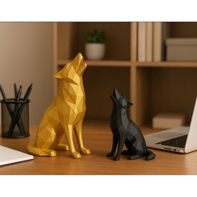 Esculturas decorativas par de lobos geométricos modernos – 16cm e 12cm – ideal para sala, escritório e presente especial