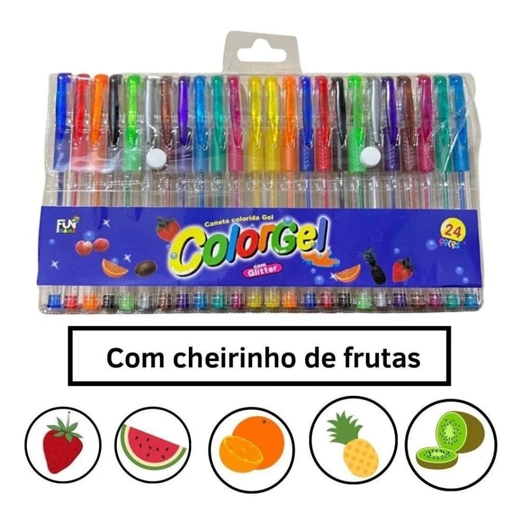 Kit com 6//12/24/36 Canetas Gel Cheirinho de Frutas Coloridas Perfumadas Glitter Neon Tons Pastel