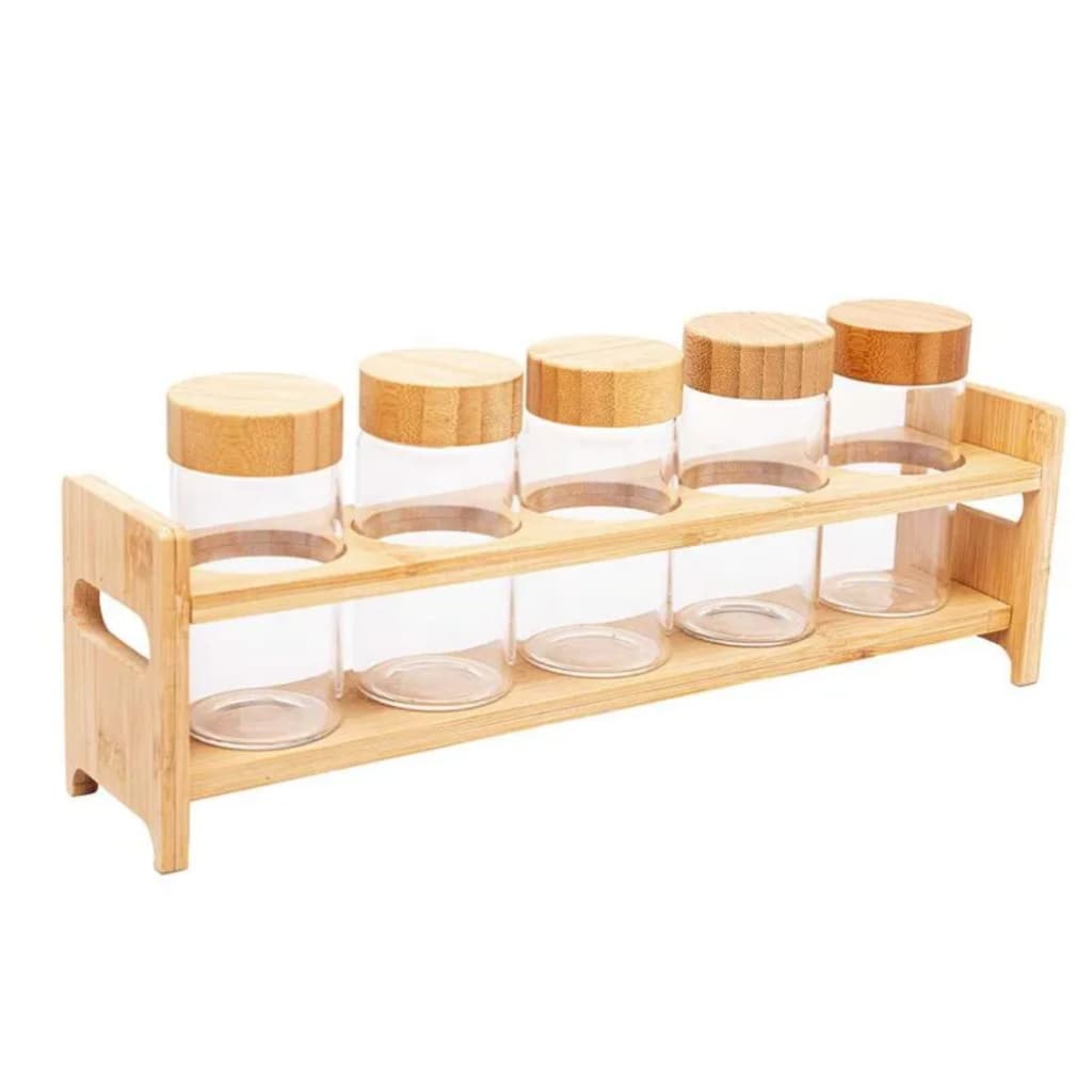 Conjunto 5 Porta Temperos Vidro Tampa de Bambu