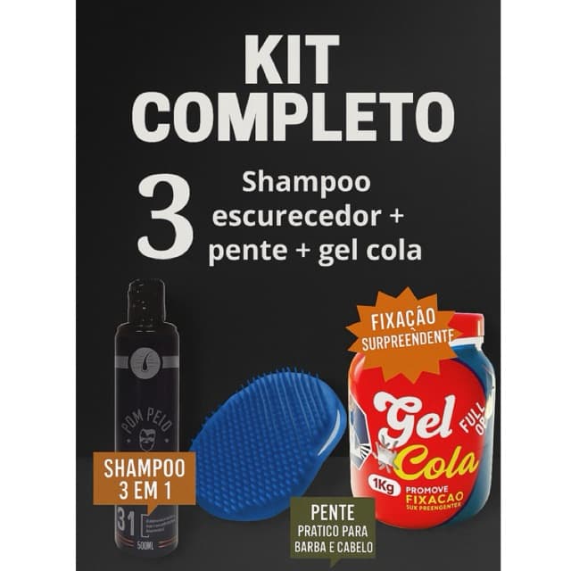 Kit Masculino Completo | Shampoo Escurecedor 3 em 1 + Gel Cola Fixação Forte + Pente de Bolso Barba e Cabelo