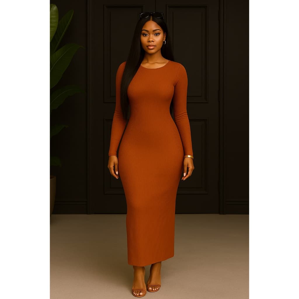 Vestido Feminino Costas Nua Manga Longa Canelado Casual