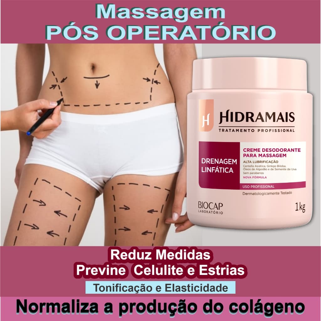 Creme de Massagem Drenagem Linfática 1Kg - Hidramais - Previne Celulite, Estrias e Varizes, Pré e Pós Operatório