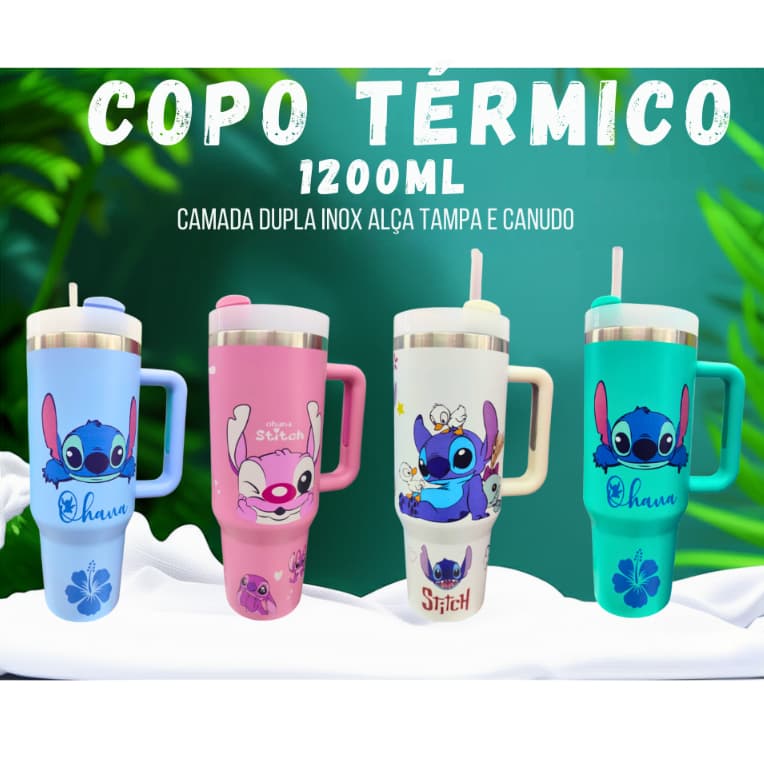 Copo Térmico Stitch 1200ml Camada Dupla Inox Alça Tampa E Canudo 12h Frio