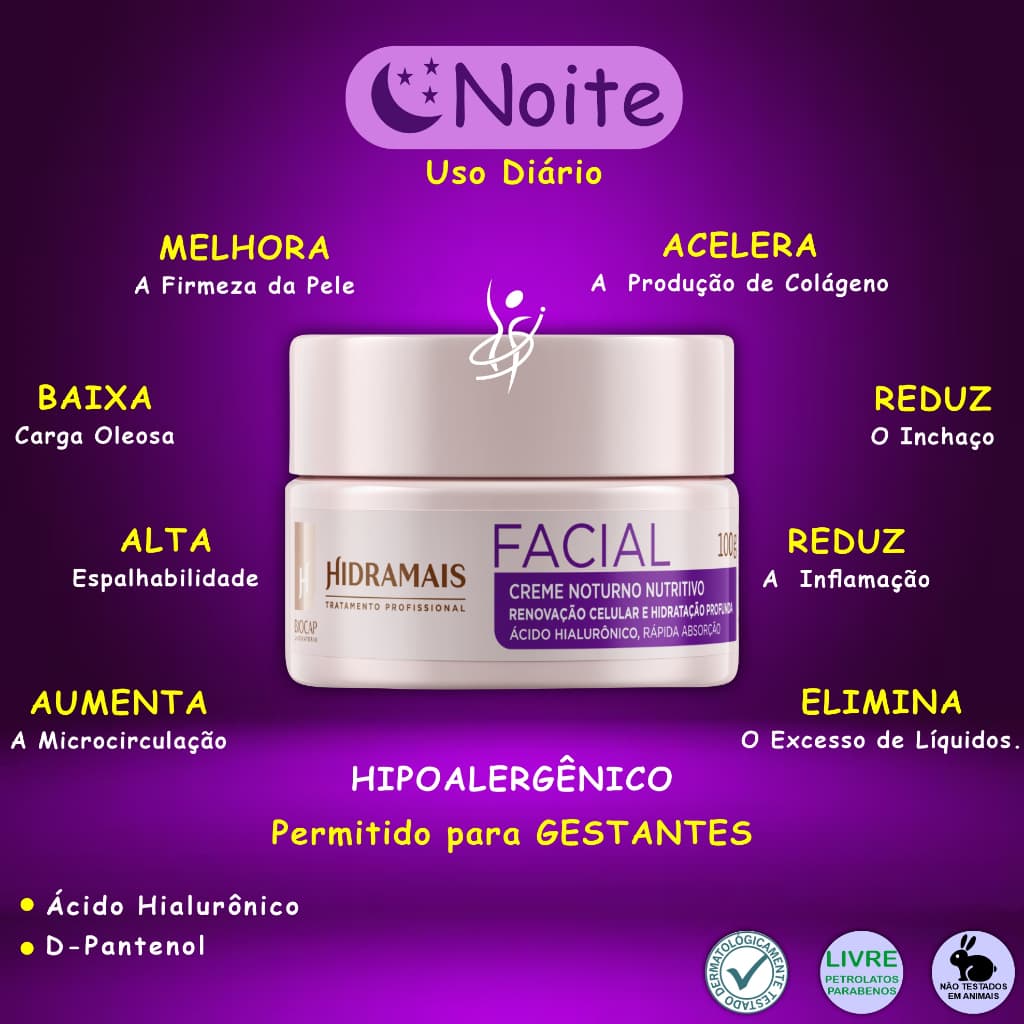 Creme Facial Hidratante Noturno 100g Hidramais -  Hipoalergênico, Ácido Hialurônico, Melhora a Firmeza da Pele