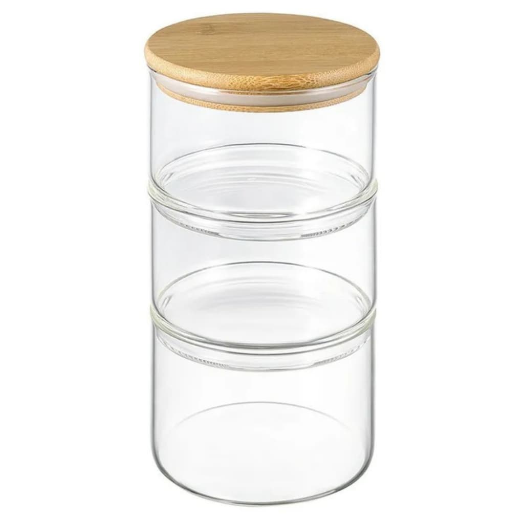 Conjunto 3 Potes De Vidro 280ml Tampa Bambu Hermético Empilhável Organizador Mantimentos alimentos secos  Borossilicato