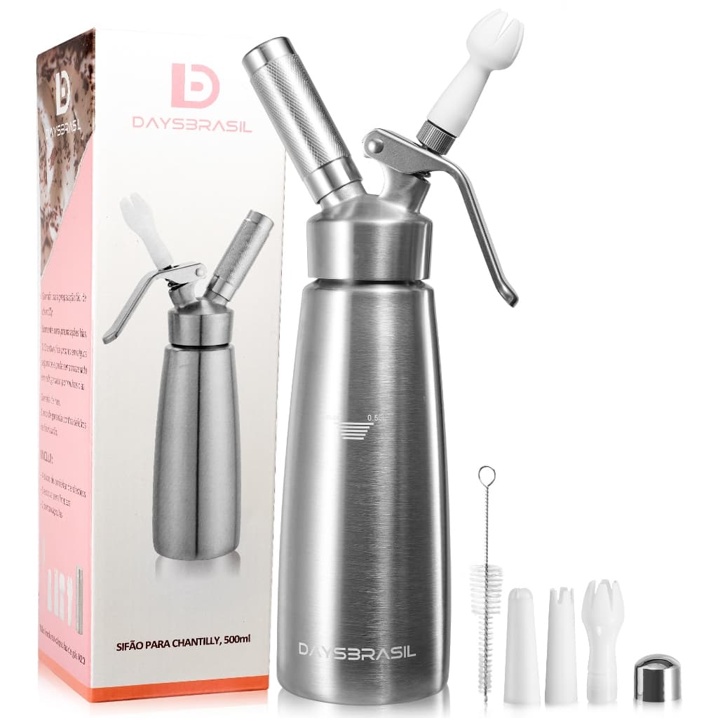 Garrafa Sifão para Chantilly e Espumas 500ML Bicos e Porta Capsulas em Aço Inox - Revestimento Interno em - Profissional