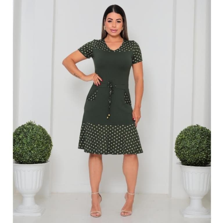 Vestido Mídi Moda Evangélica Bolinha Com Bolso e Ajuste na Cintura