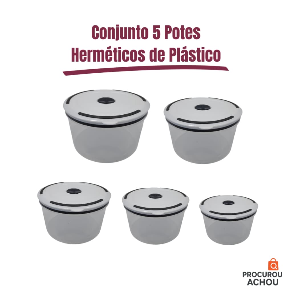Kit 5 Potes Herméticos de Plástico Com Tampa