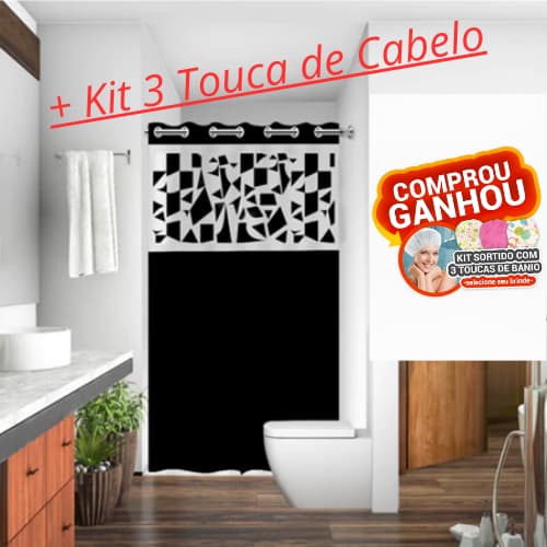 Cortina para Box de Banheiro - Visor Transparente - Antimofo 100% Em PVC + Kit 3 Touca de Cabelo