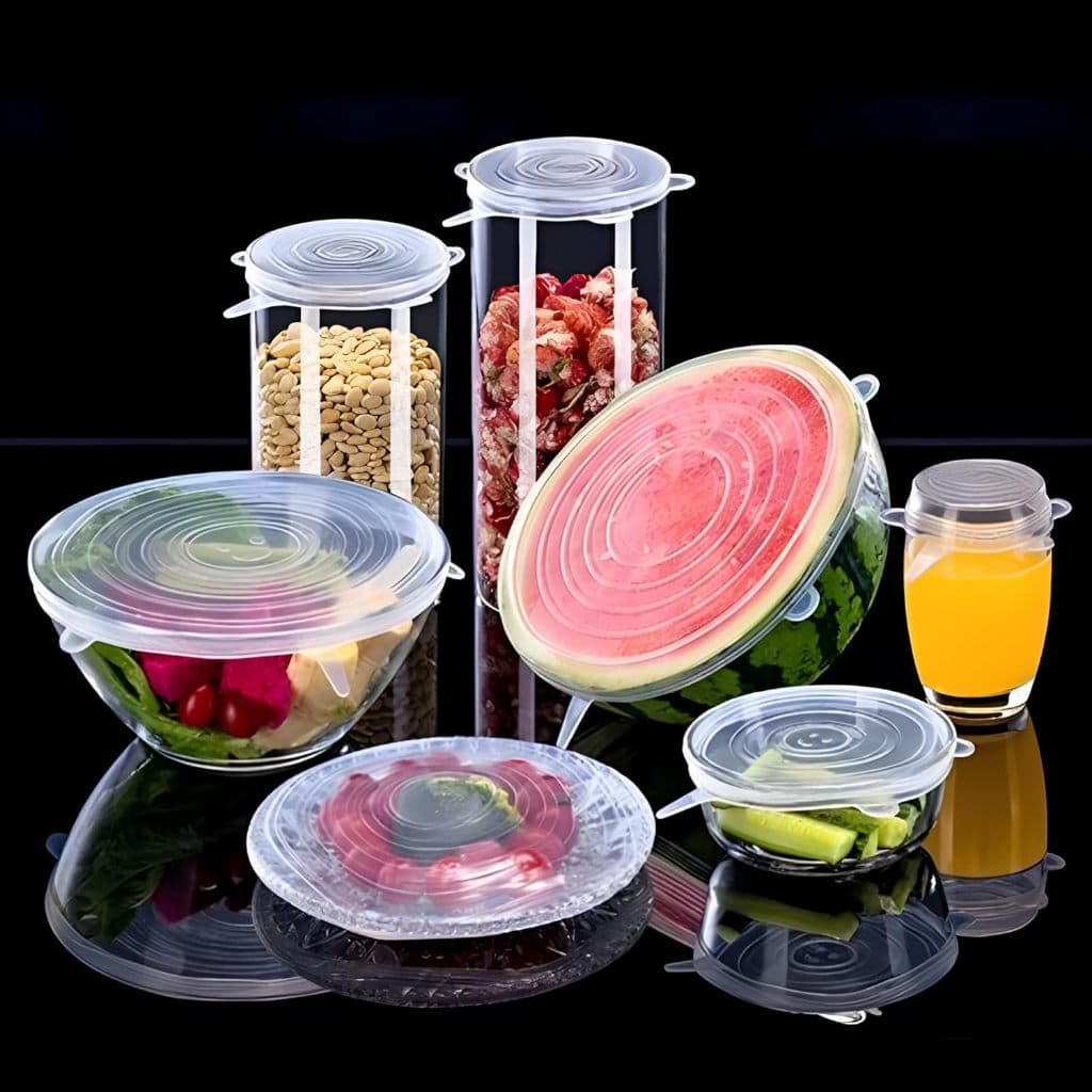 Kit 6 Tampas Silicone Protetor para Alimentos Potes de Comidas Sucos Tampa Flexível Vedação Cozinha