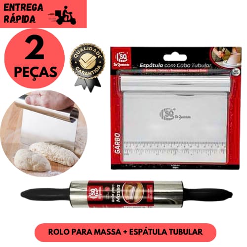 Kits 2 ou 1 Utensílios de Cozinha Espátula Tubular Inox + Rolo de Massa Inox Resistente e Prático