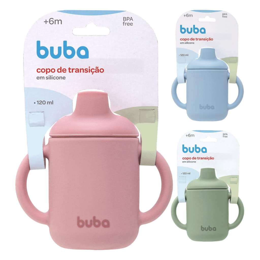 Copo de Transição Buba Silicone 120ml Bebê Copo de Treinamento Infantil Alça Azul Verde Rosa
