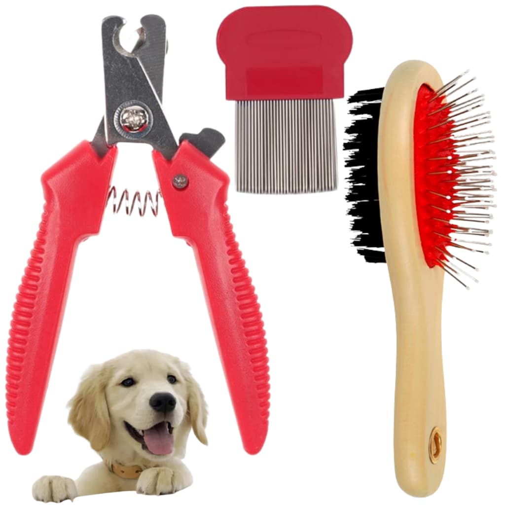 KIT 3 Pçs para Pets: Escova Removedora Tira Pelos de Cães E Gatos +Pente de Pulgas+Cortador de Unhas PET bem cuidado