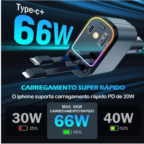 Carregador de carro carregador rápido para carro 4 em 1 para iPhone/Android com luz  retrátil  yy-45