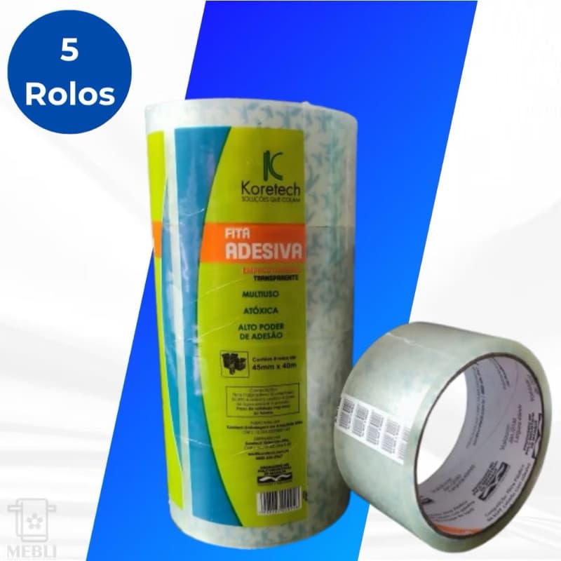 Kit 5 Fita Adesiva Durex 45mm x 40m Para Embalagem Empacotamento Koretech Transparente