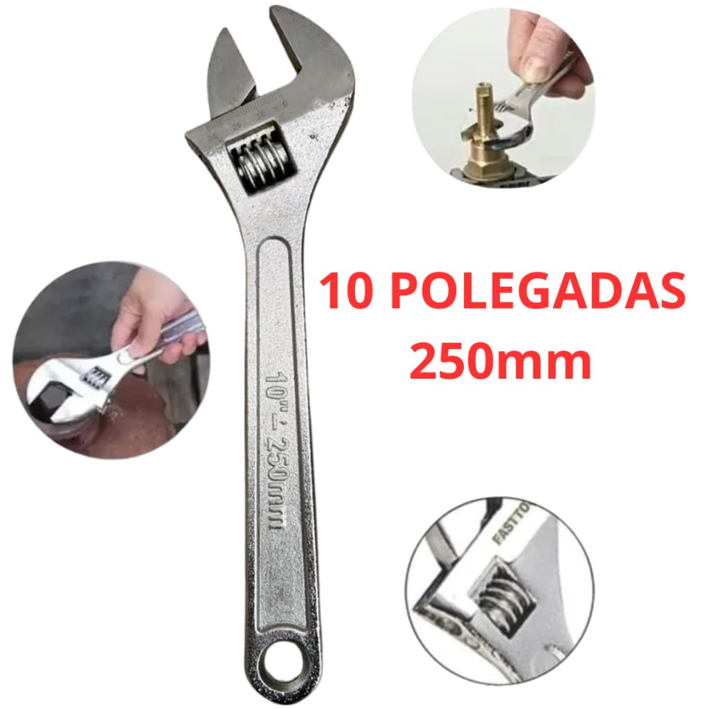 Chave Inglesa Boca Ajustável 10 Polegadas 250mm Aço Cromado Profissional Reforçada Tubos Conexões
