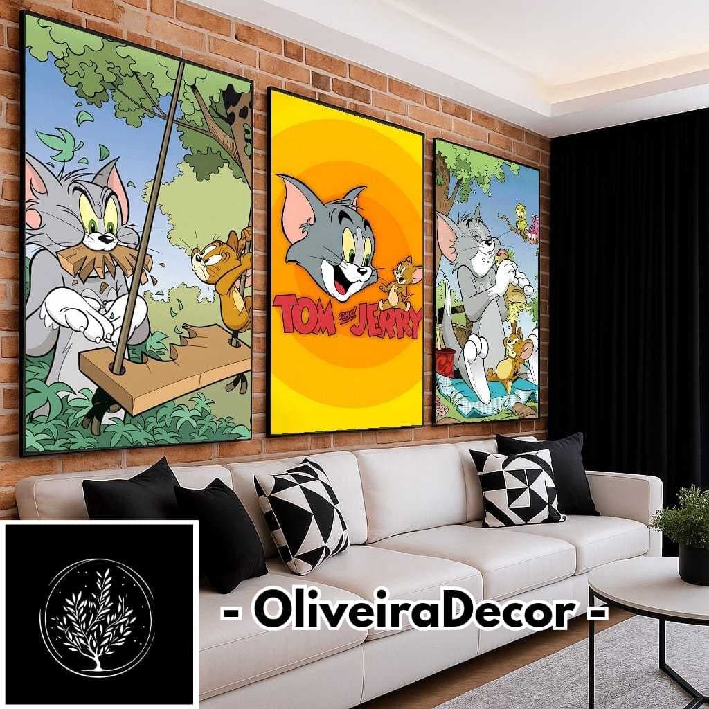 KIT QUADROS DECORATIVOS DESENHO ANIMADO TOM E JERRY  3 PEÇAS DECORAR SALA QUARTO ESCRITORIO