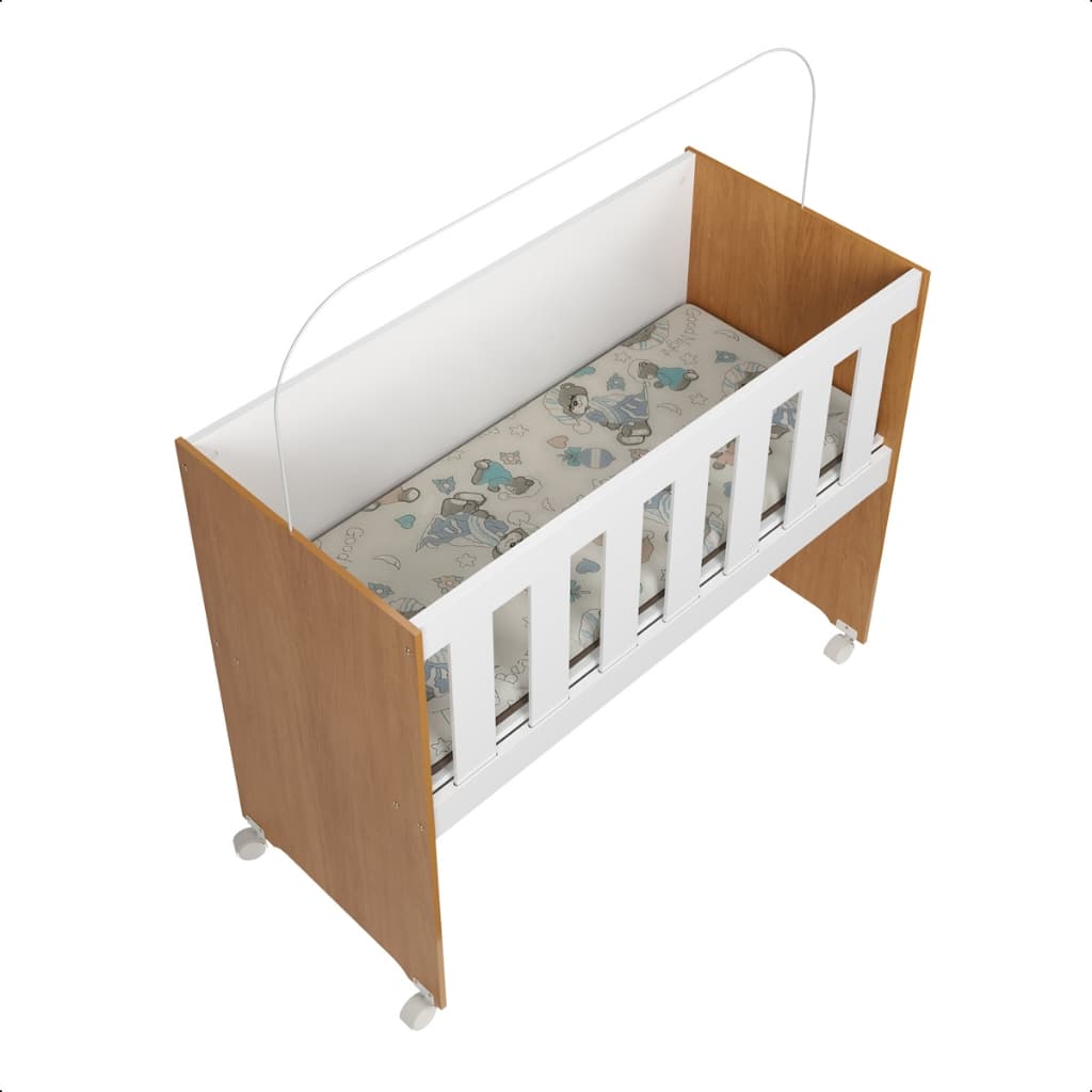 Mini Berço Portátil com Rodízios + Colchão D18 – Berço Compacto Branco e Madeira para Bebê -CASA LGM