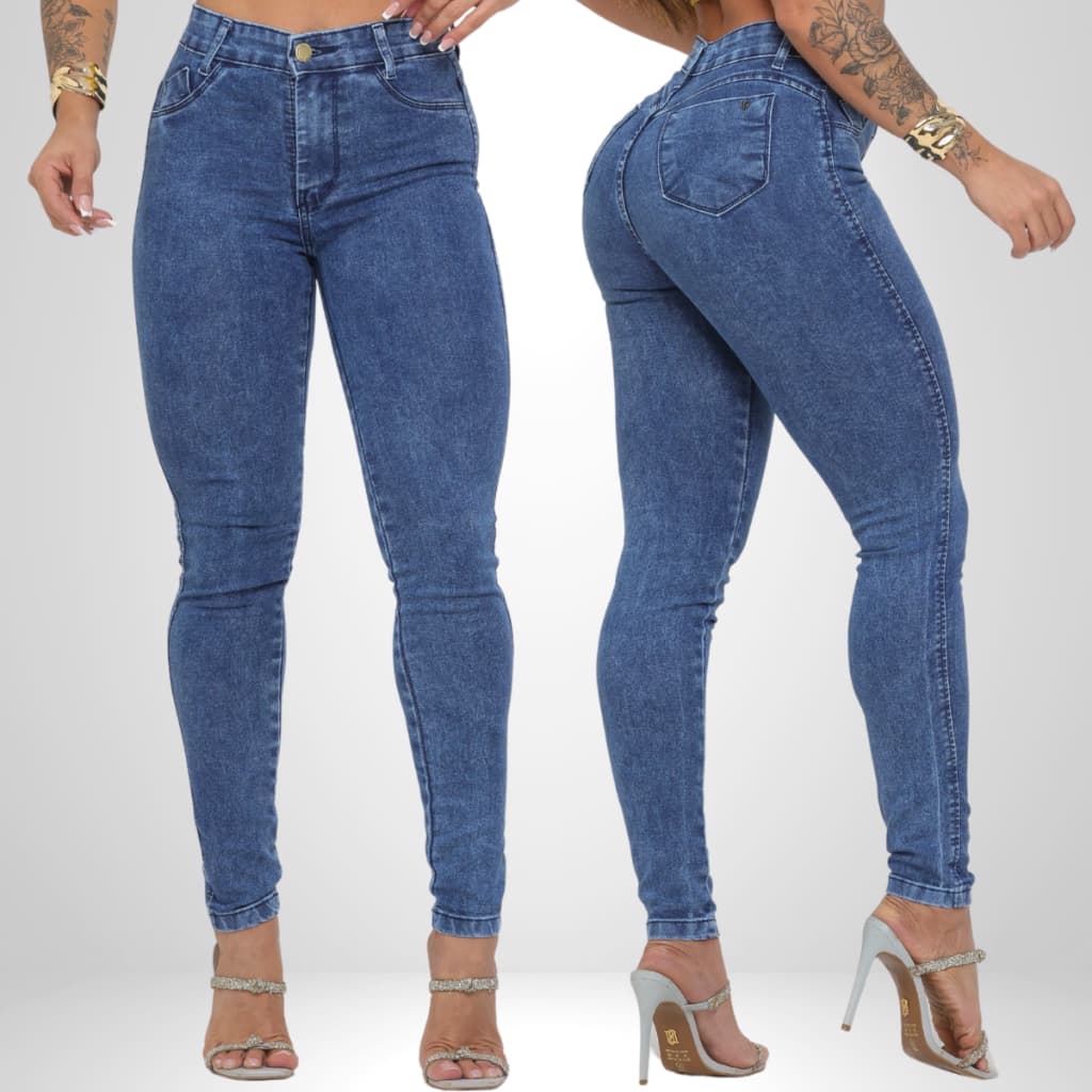 Calça Jeans Feminina Com Lycra Elastano Cós Alto Modelagem Empina Bumbum Justa ao Corpo
