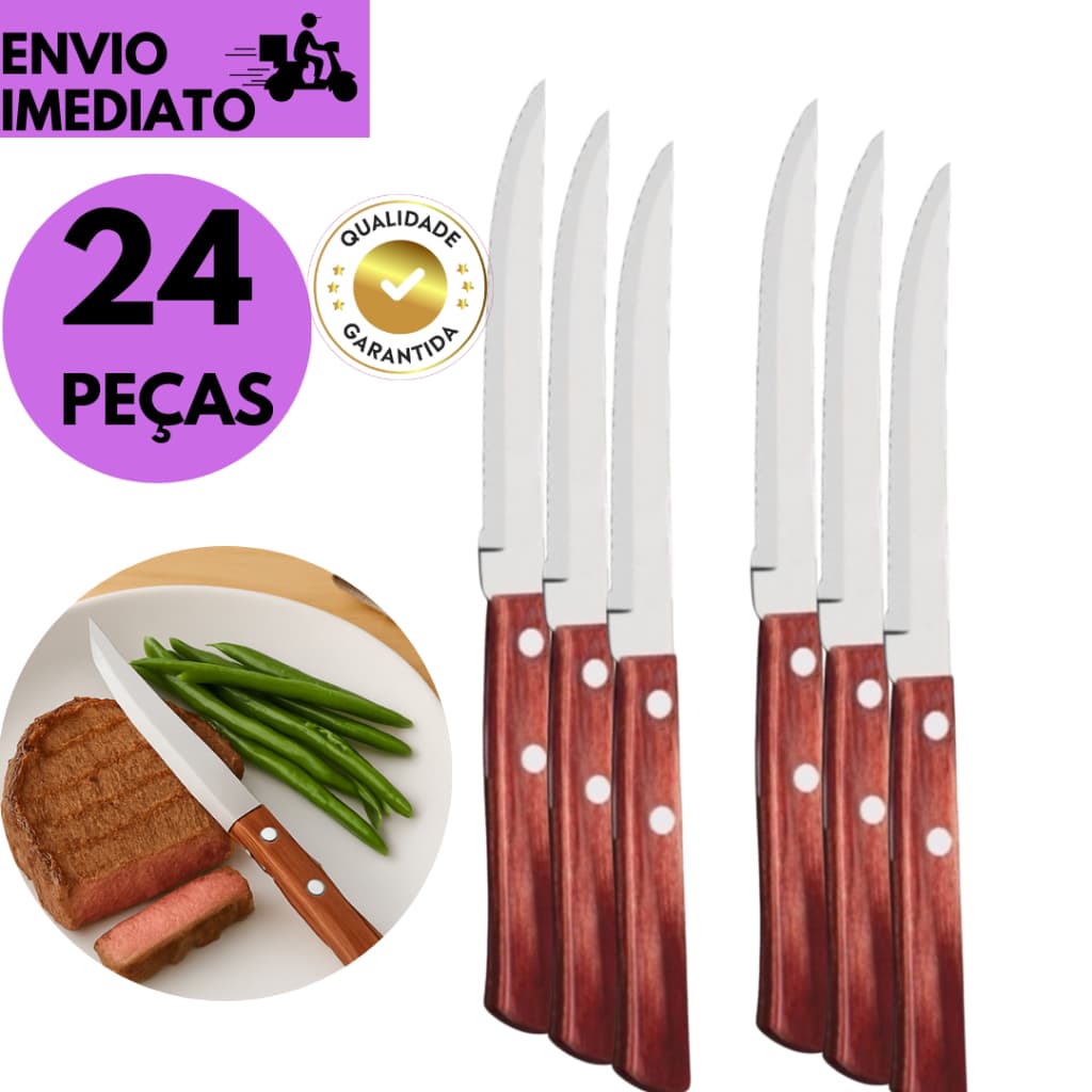 Kits 24 ou 12 Faca de Inox com Cabo de Madeira Resistência e Durabilidade para Refeições Churrascos