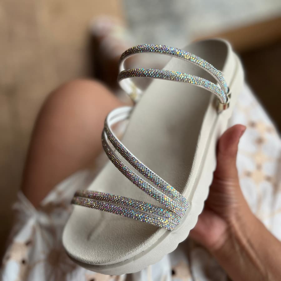 Papete Sandália Feminina Birken Anabela Salto Tratorada Stras Brilhante Branca Furta Cor Preta Festa