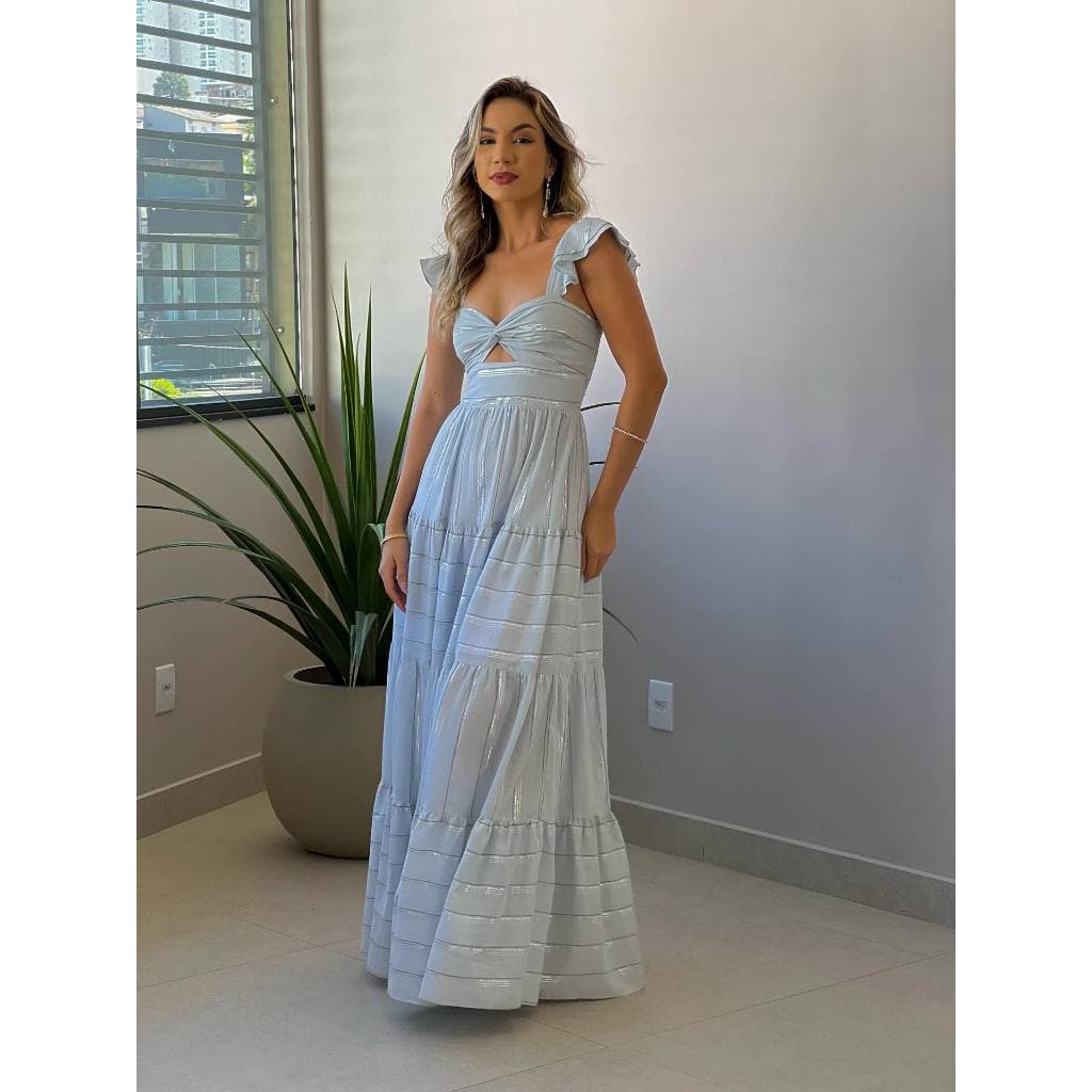 Vestido Paola Longo Feminino com Cut-out e Mangas Ruffle para Casamento Festas Casual Formatura