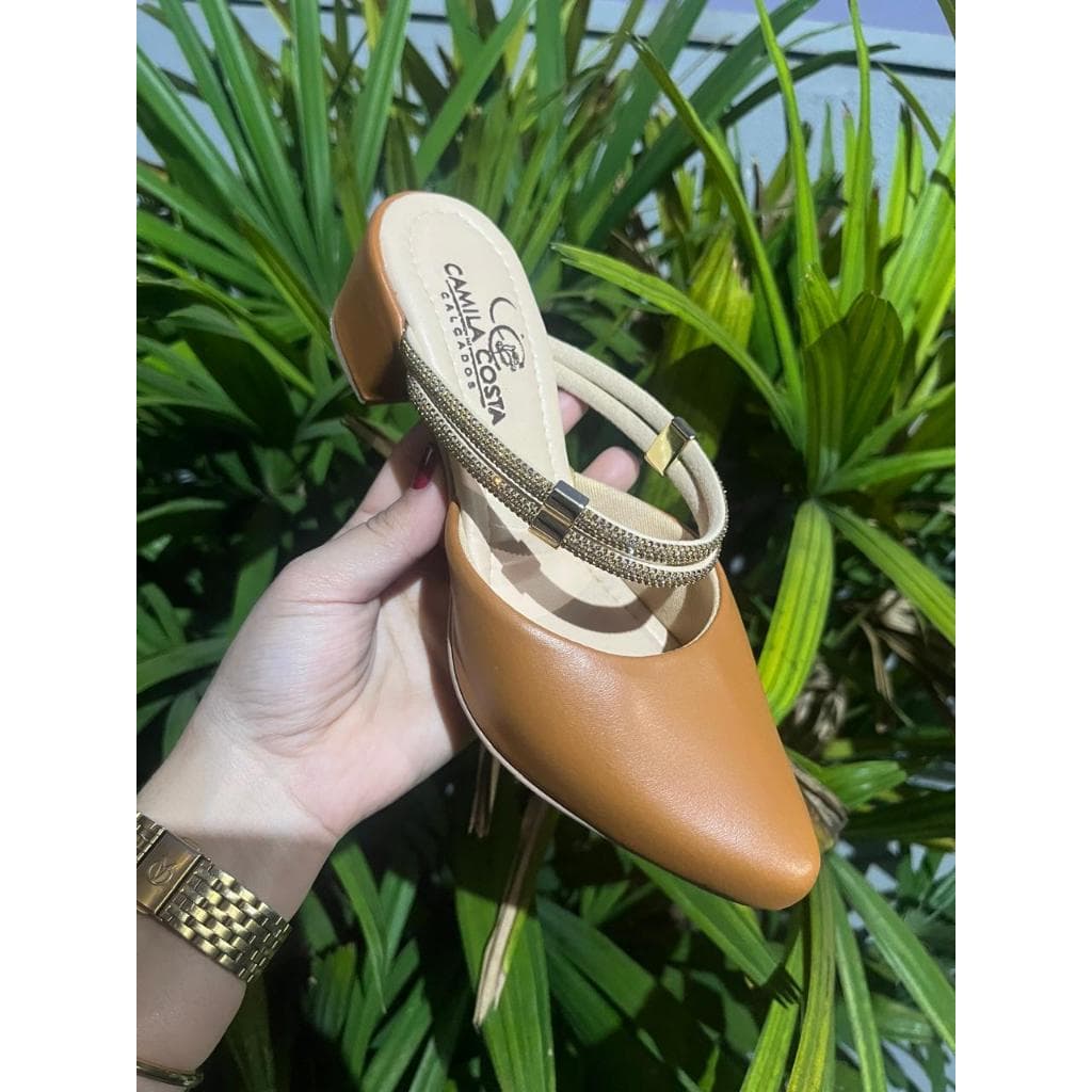 Mule Social 2 em 1 Feminino Femininas Scarpin Salto Medio Baixo Manta brilhante  Confort Caramelo com manta chic