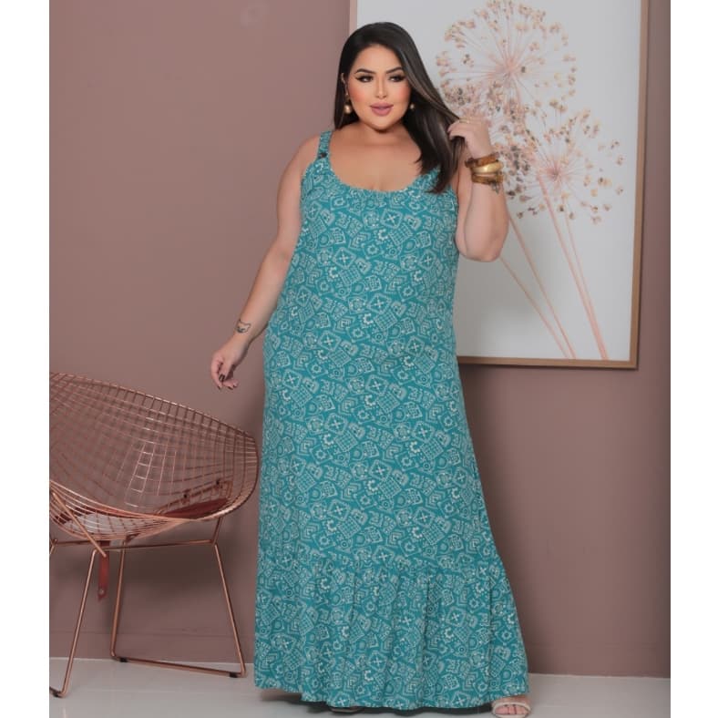 Vestido Longo Plus Size em Viscolinho com Alcinhas Reguláveis – Tamanhos G1 e G3