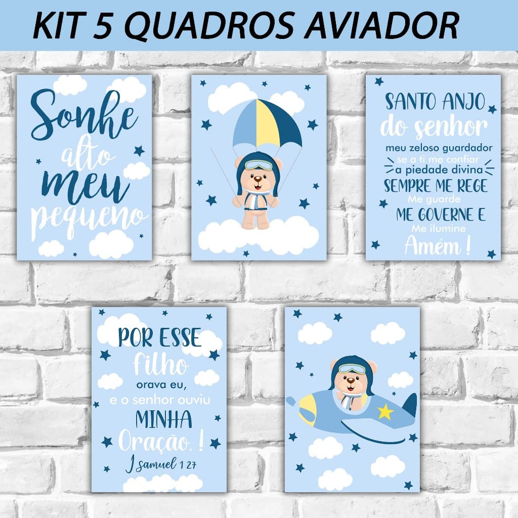 Kit 5 Quadros 14x20 Menino Quarto Baby Bebê Urso Aviador Ursinho Aviador Ursinho Infantil Kids Nuvens