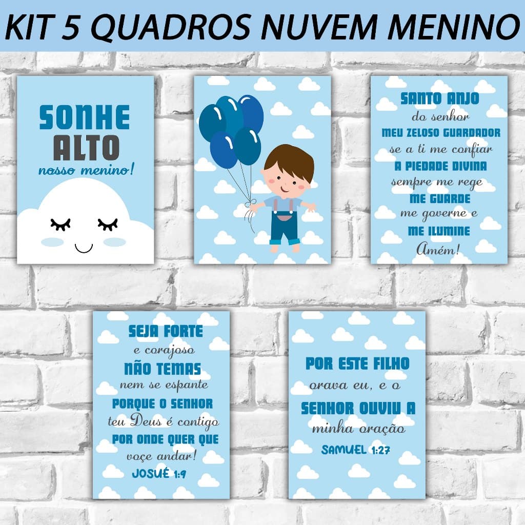 Kit 5 quadros 14x20 menino bebe balão sonhe alto meu menino quadro infantil quarto bebe decoração quarto