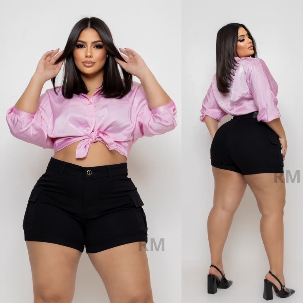 SHORT JEANS FEMININO CARGO PLUS SIZE COM LYCRA
