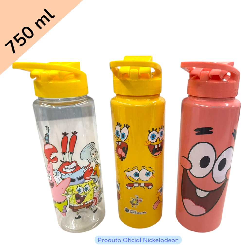 Garrafa Infantil Squeeze de Água Plástico Criança Menino Menina Bob Esponja Patrick tampa alça 750ml