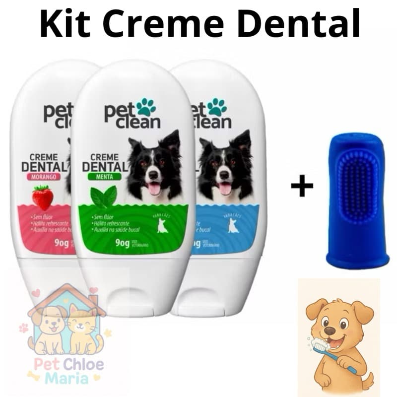Kit Creme Dental Pet Clean e Dedeira para Cães e Gatos
