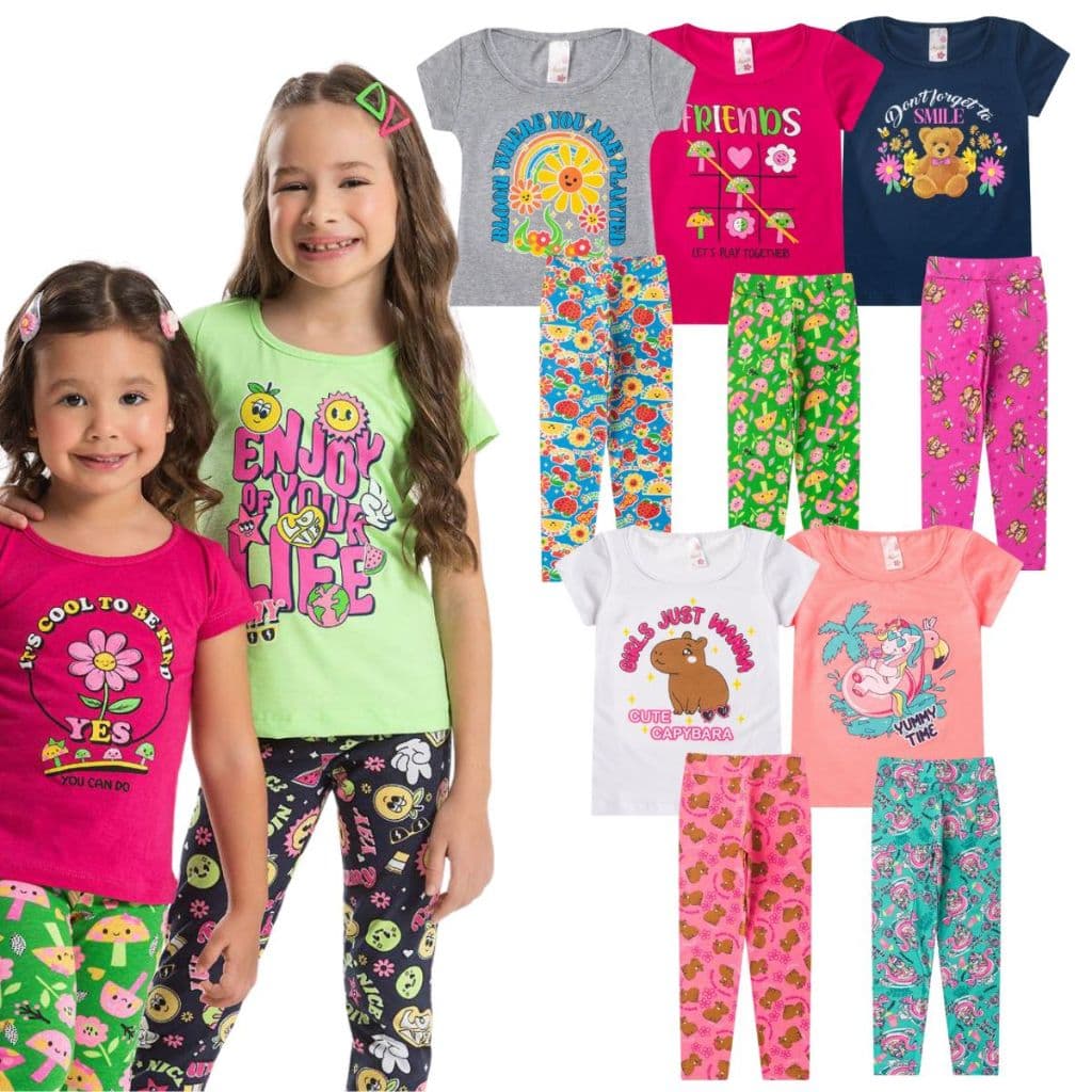 Kit 10 Peças Roupas Infantil 2 a 8 anos Menina Verão 5 Blusas + 5 Leg Kit 5 Conjuntos Femenino