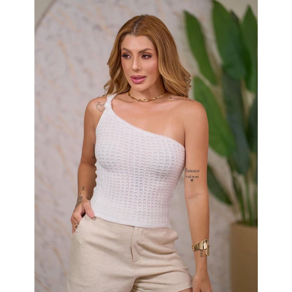 Blusa Cropped Tricot Modal Nula Manga Feminina Nó Tendência Verão Mula Manca Tricô
