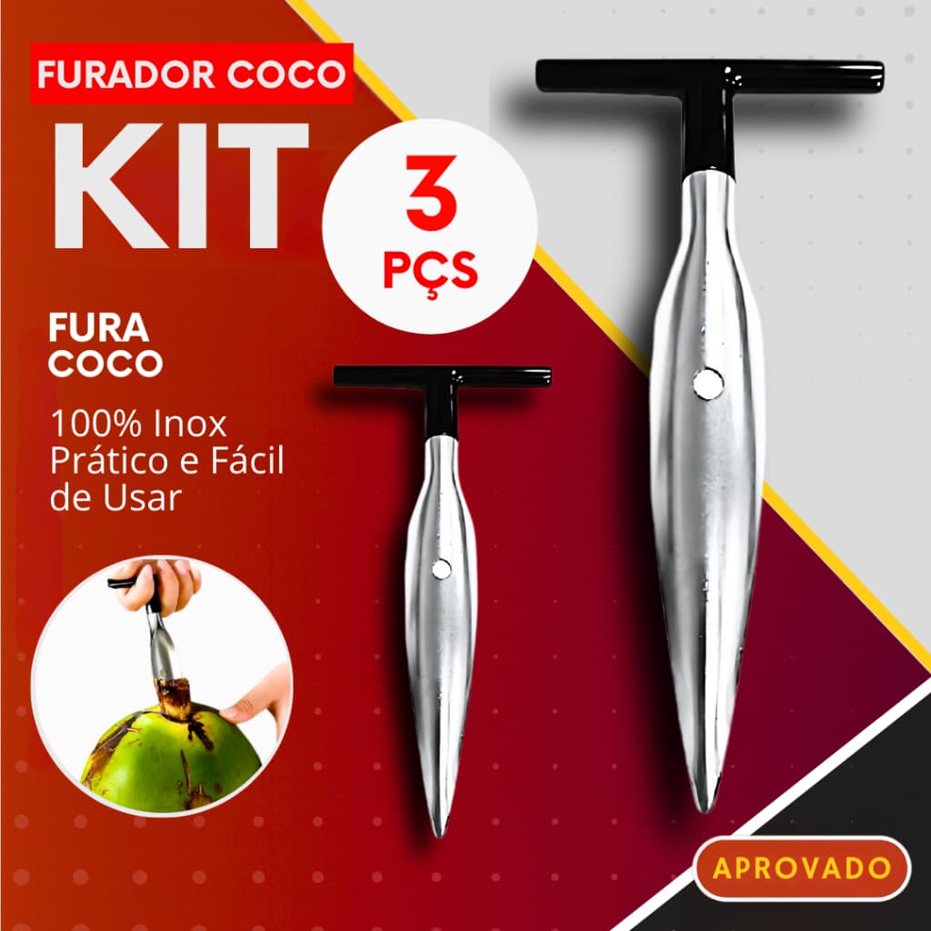Furador Abridor de Coco 1,2 ou 3 Peças Inox Fura Coco em Casa Praia Bares e Restaurantes