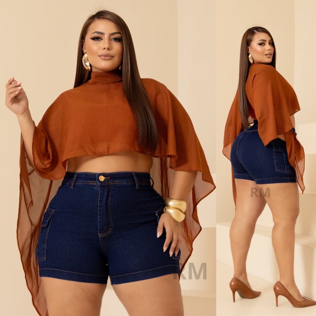 ROUPA FEMININA SHORT JEANS FEMININO CARGO PLUS SIZE C/ LYCRA CINTURA ALTA
